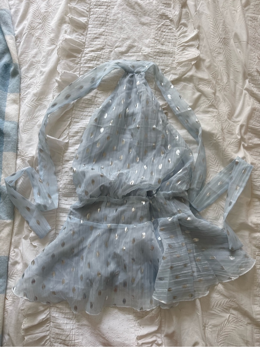 Light Blue Metallic Dot Halter Dress